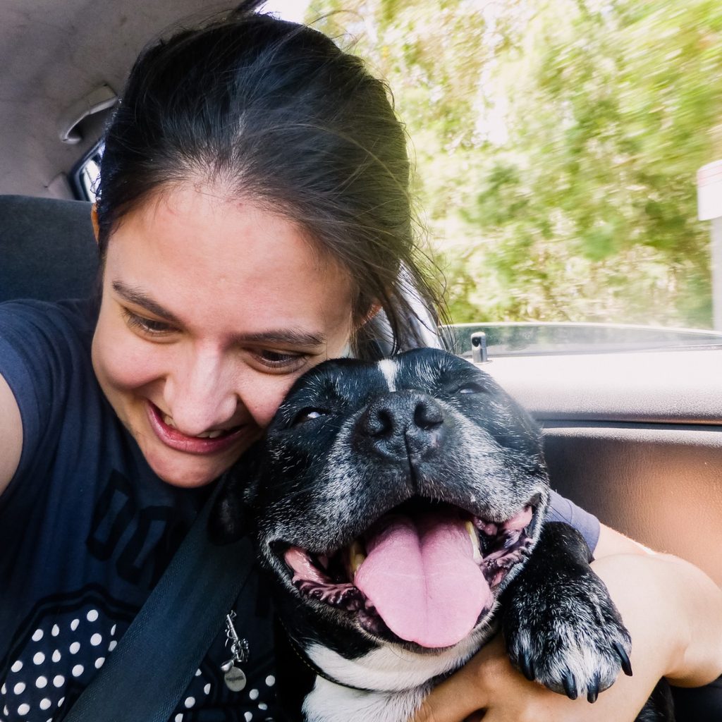 Woman hugging a pit bull in a car