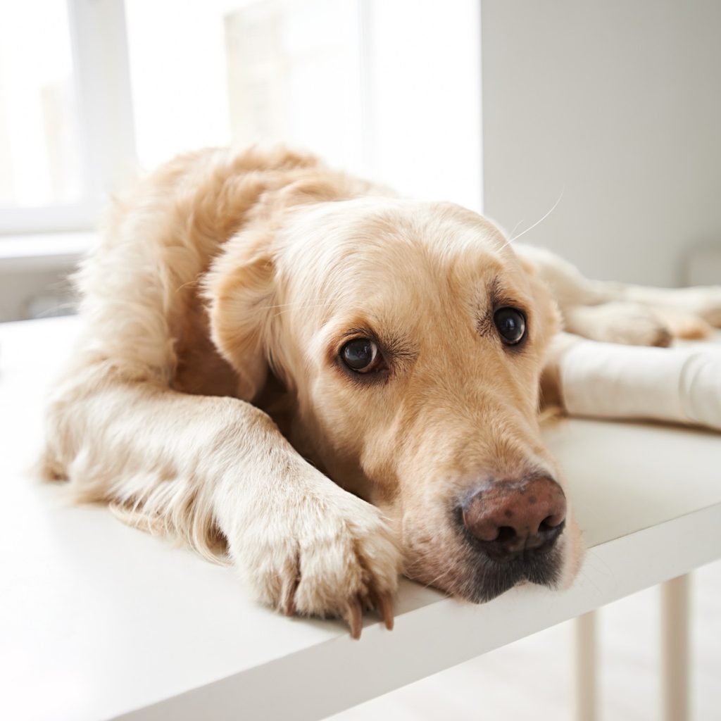 Large dog with bandaged paw