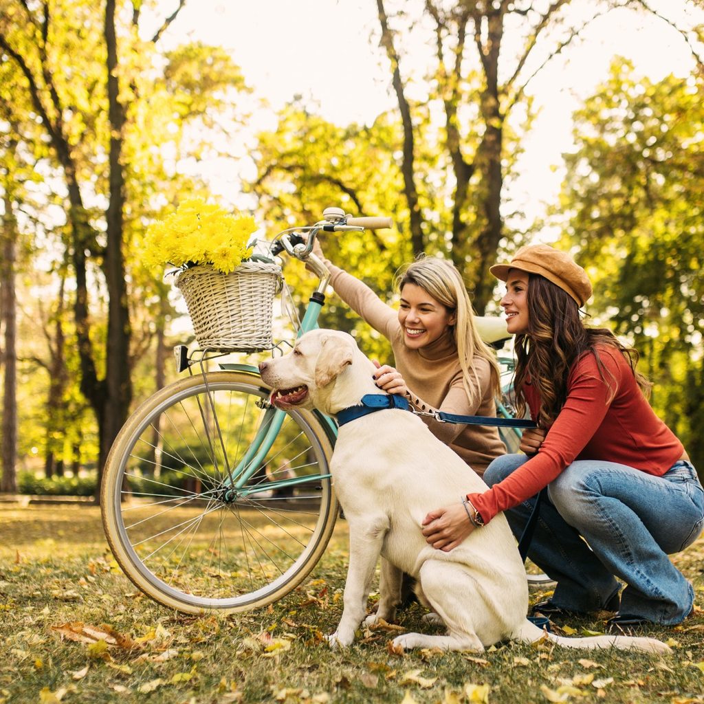 Two women in a park with bike and dog