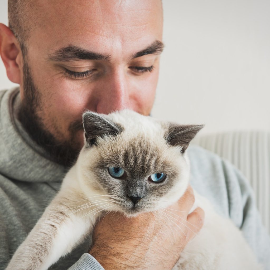 Man holding a Siamese cat