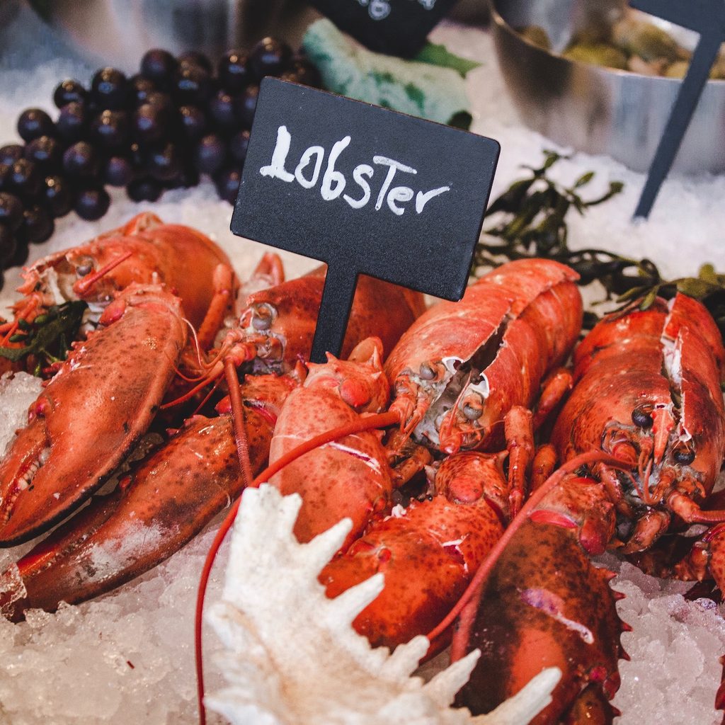 lobsters displayed with lobster sign