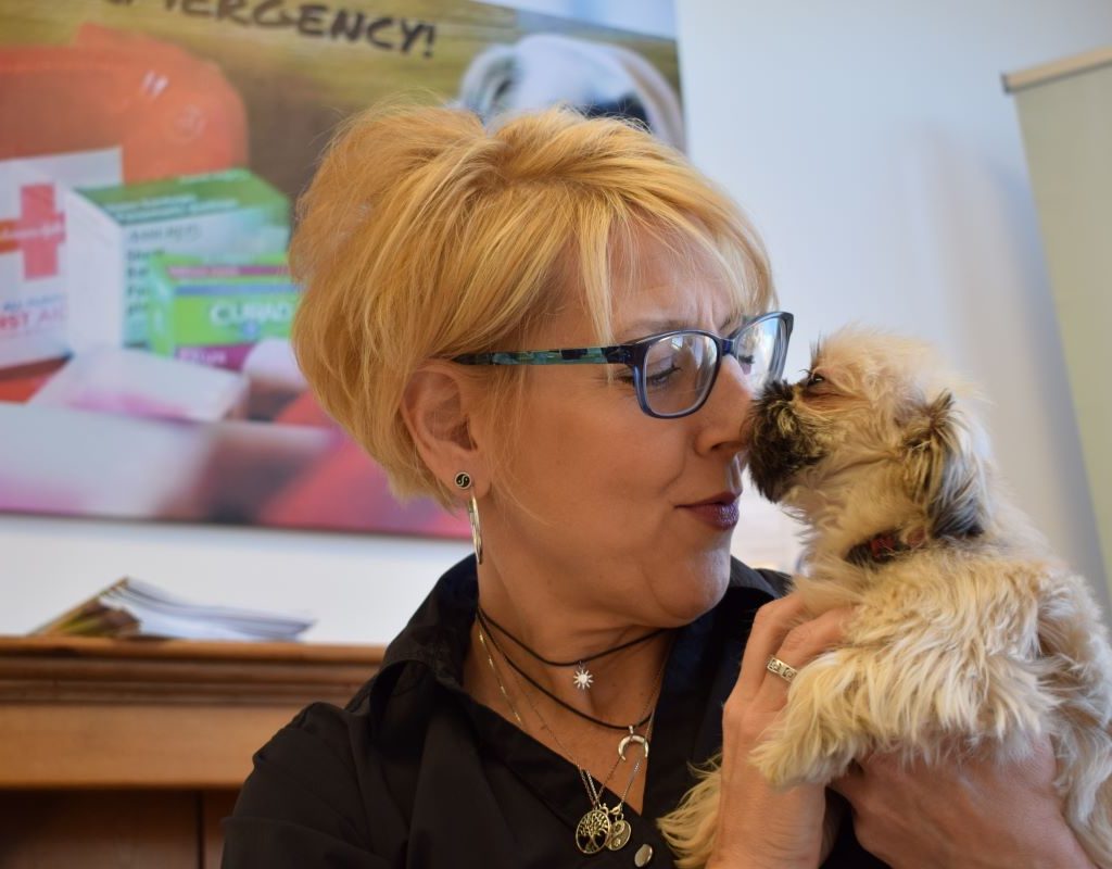 woman and small dog bonding