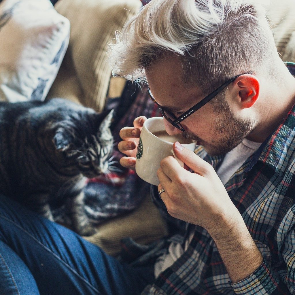 Cat walking up to a man drinking coffee on a couch