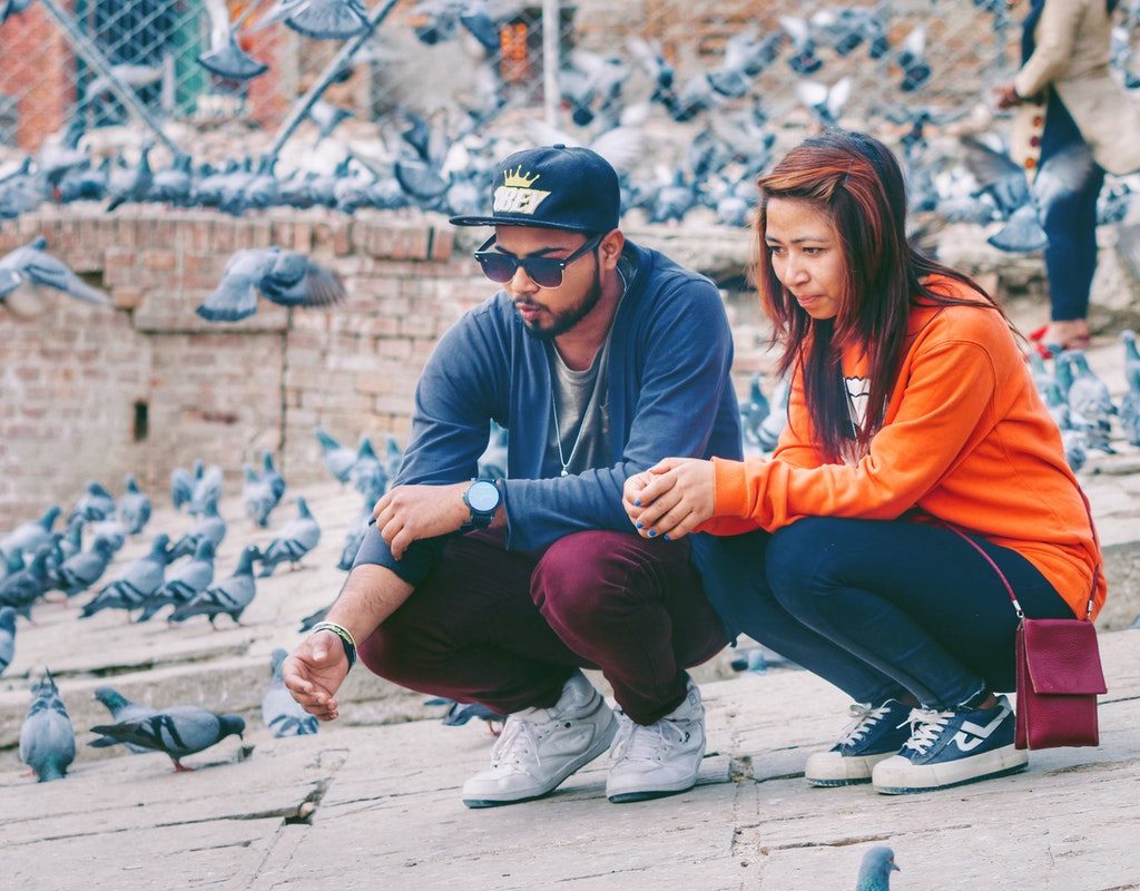 Man in navy hoodie and woman in orange hoodie crouching with pigeons.