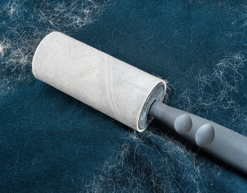 Lint roller picking up pet hair off of a blanket