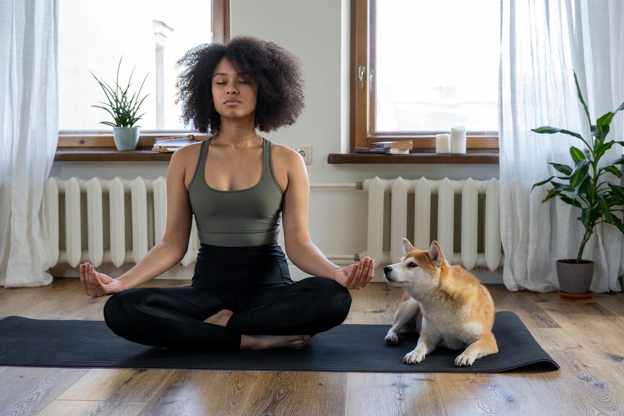 A woman meditating next to a Shiba Inu.