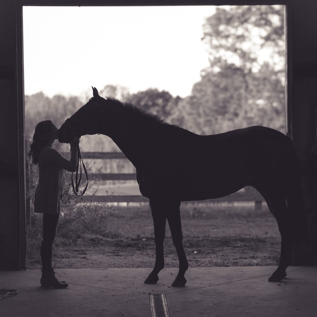 Woman stands silhouetted with her horse in stables