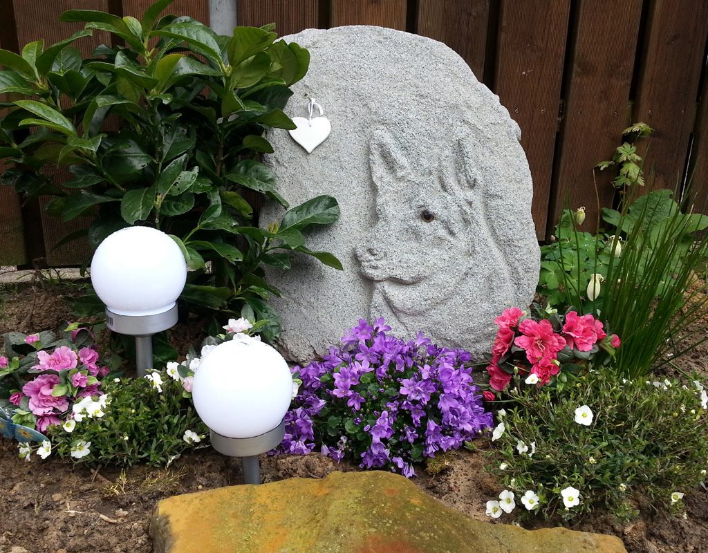 Dog grave with flowers and lights.
