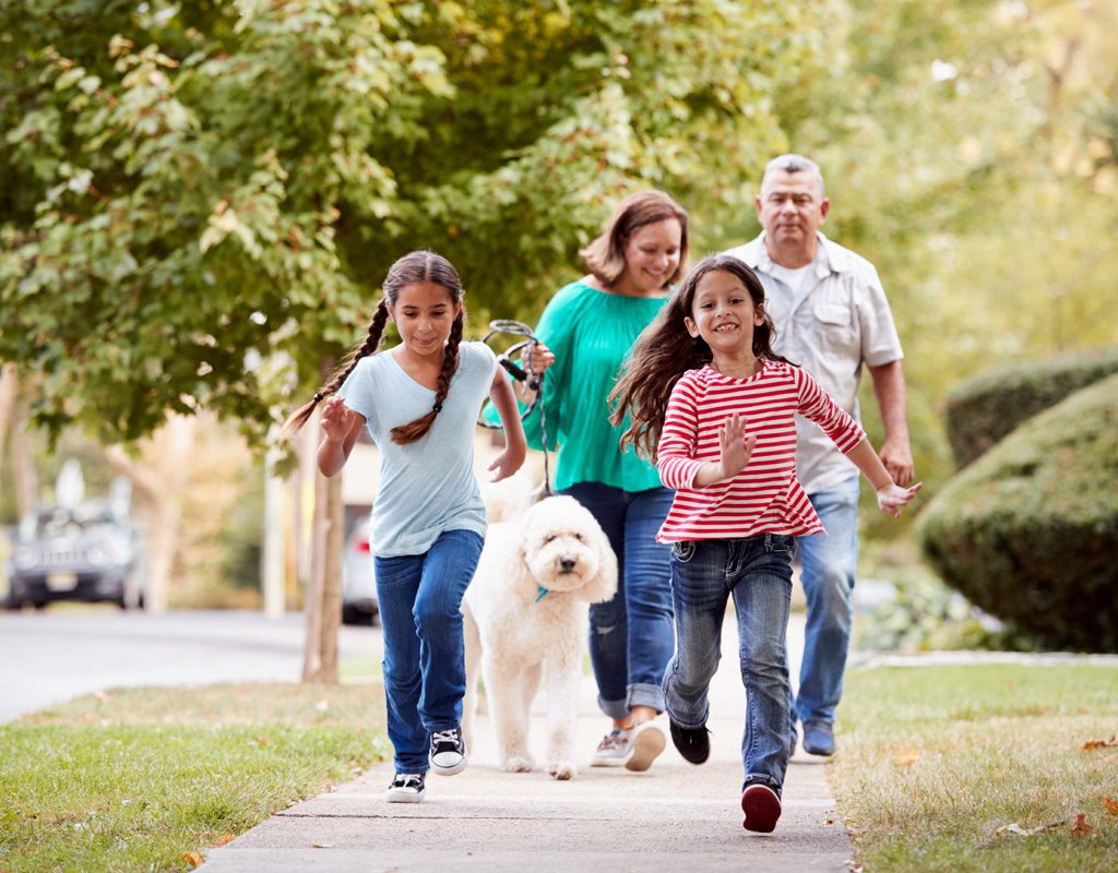 Parents and children walking dog.