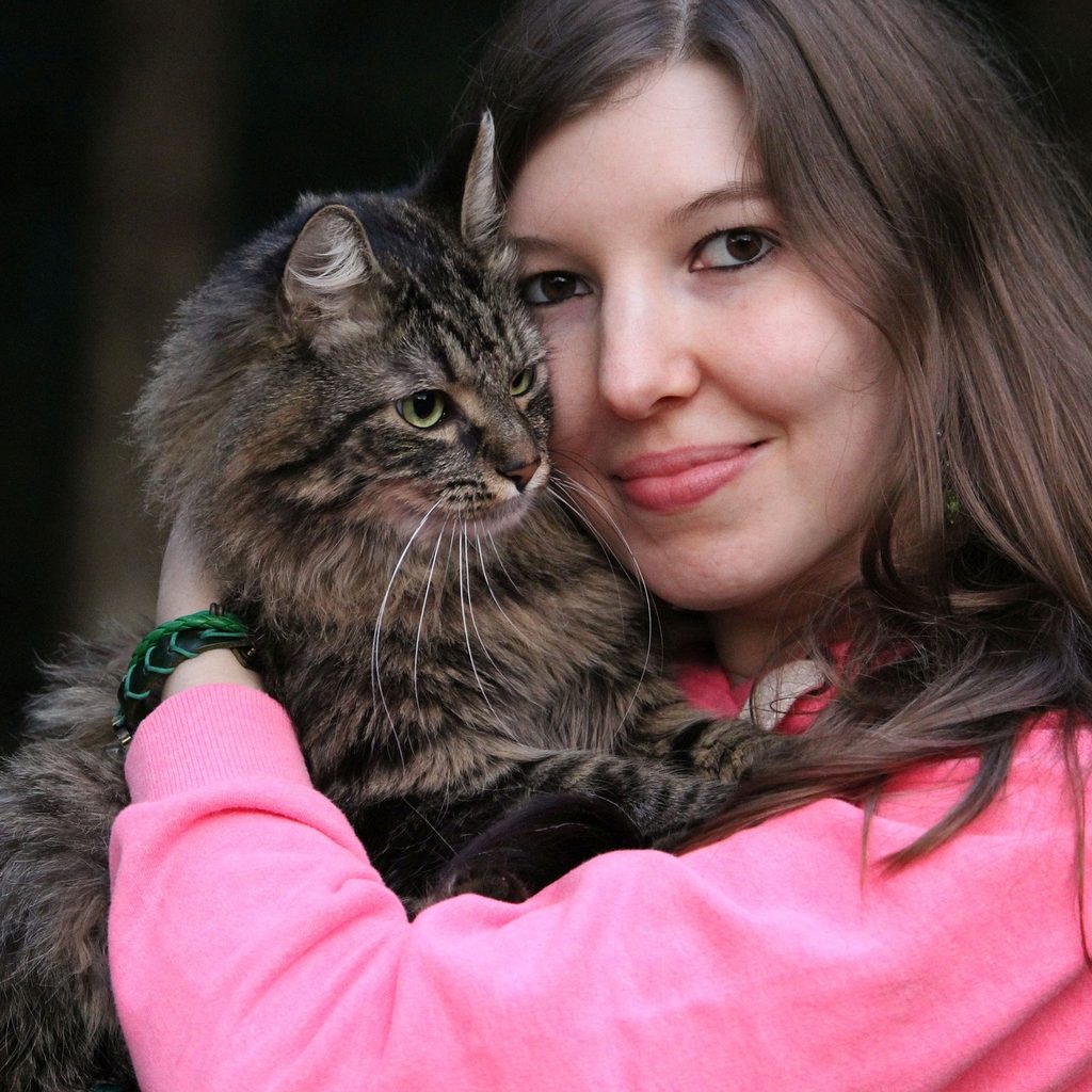 Longhaired cat being held by a girl and rubbing his chin against her