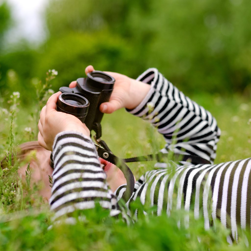 Kid watches birds through binoculars in the grass