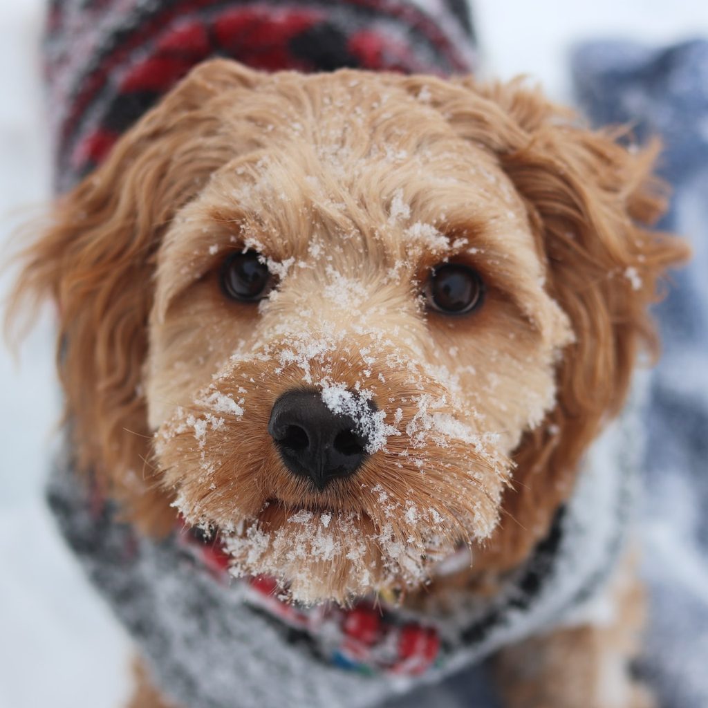 brown dog face with snow