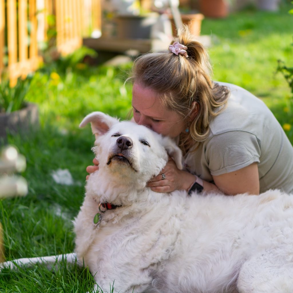 girl and white dog on green grass