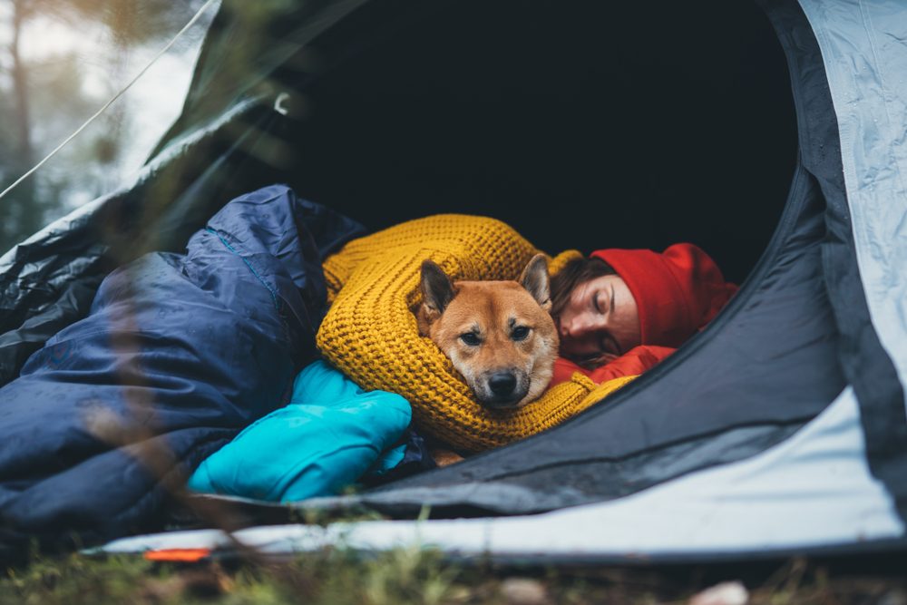 girl and her dog cuddling in tent