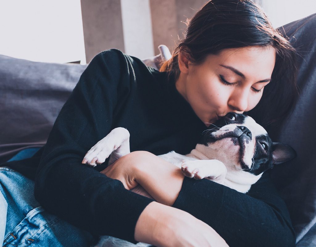 Woman kissing a Boston terrier on the couch.