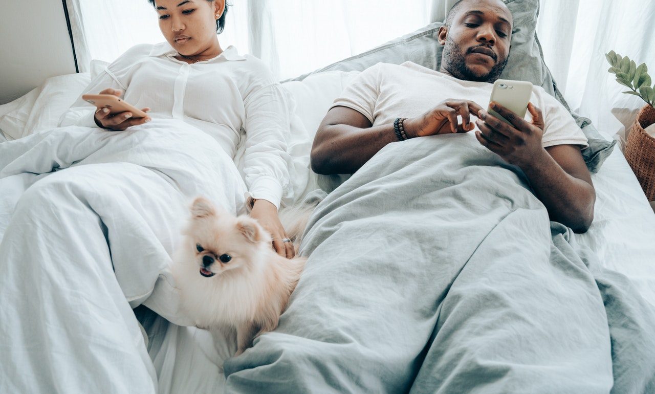 A couple lying in bed using their phones while a beige Pomeranian sits between them.
