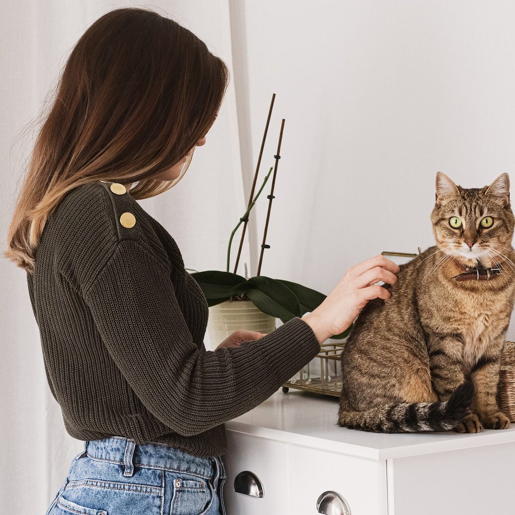 A woman patting a cat and inspecting its fur