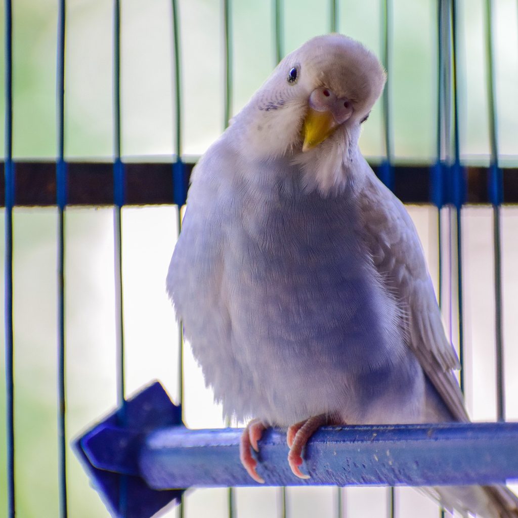 Blue budgie tilts his head sweetly