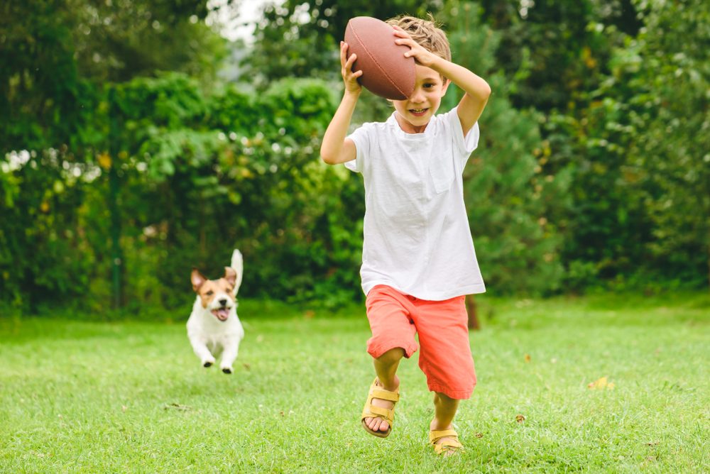 kid and puppy playing football