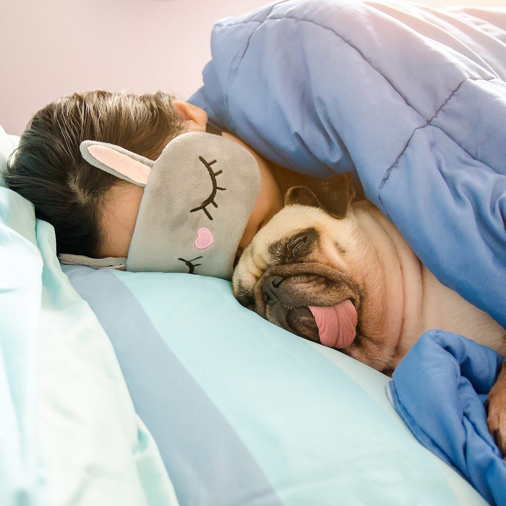 A woman wearing a sleep mask over her eyes snuggles a Pug with his tongue out in bed