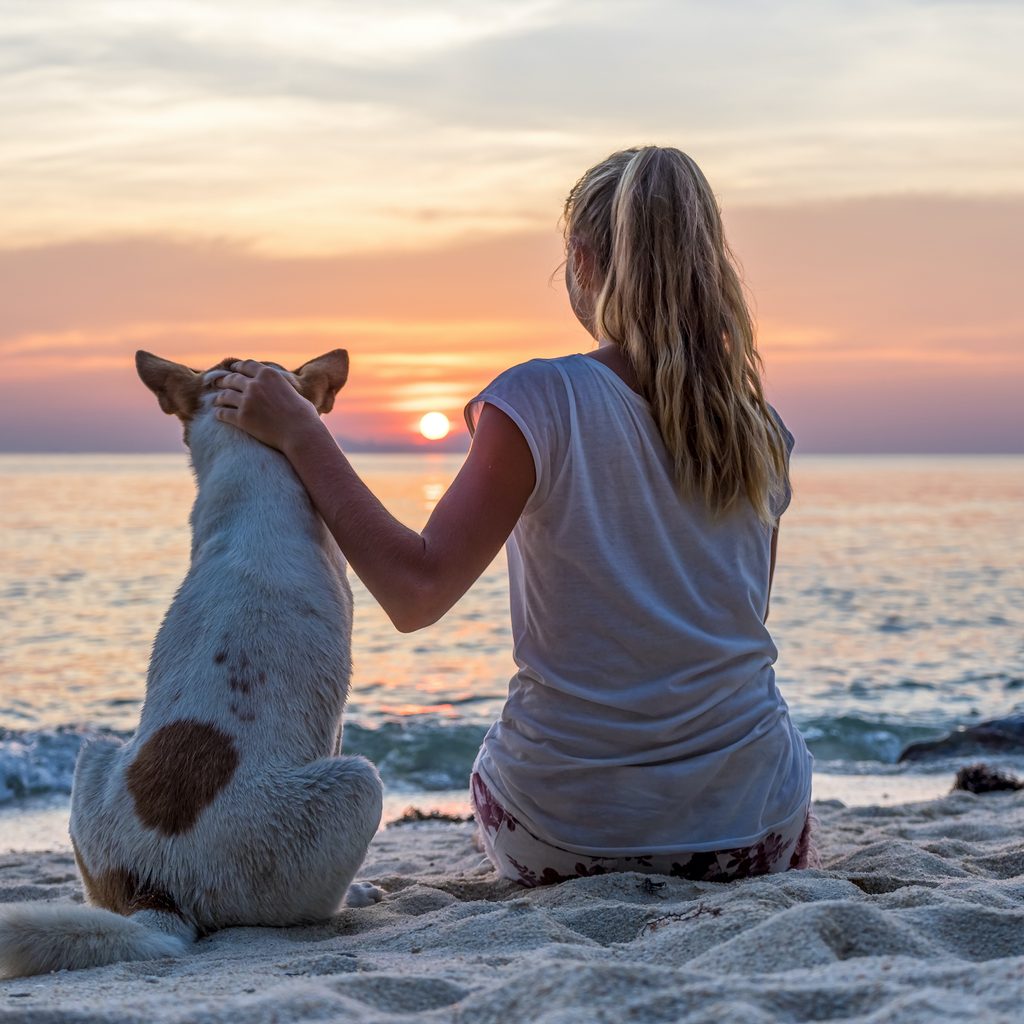 A young woman sits next to her dog on the beach during sunset