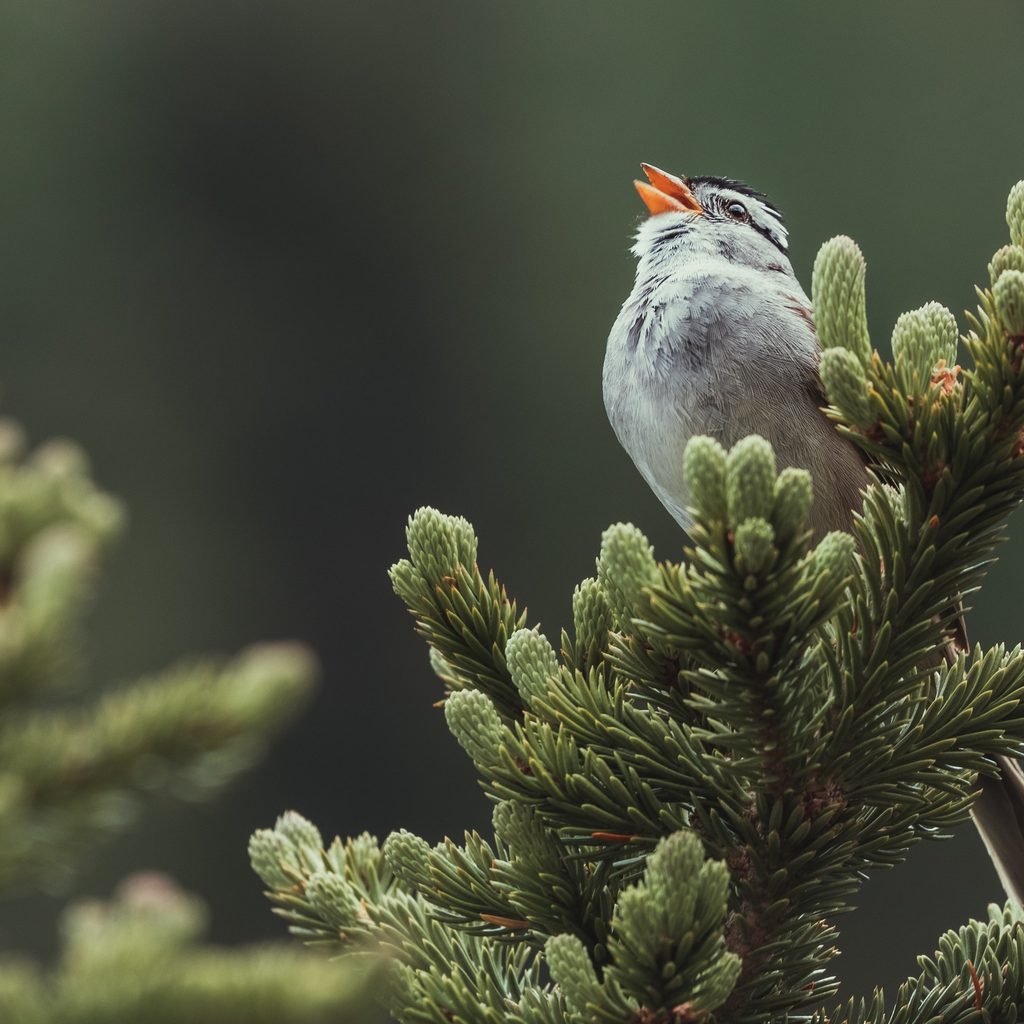 Bird sings from a perch in a pine tree