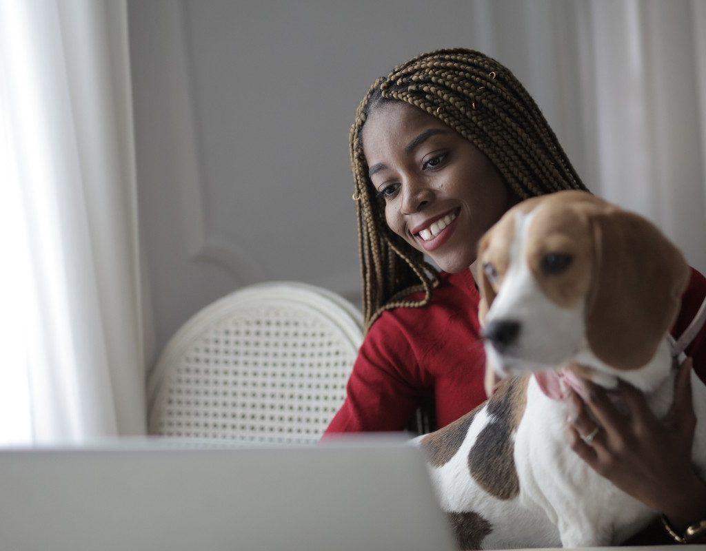 A woman and a beagle on a computer