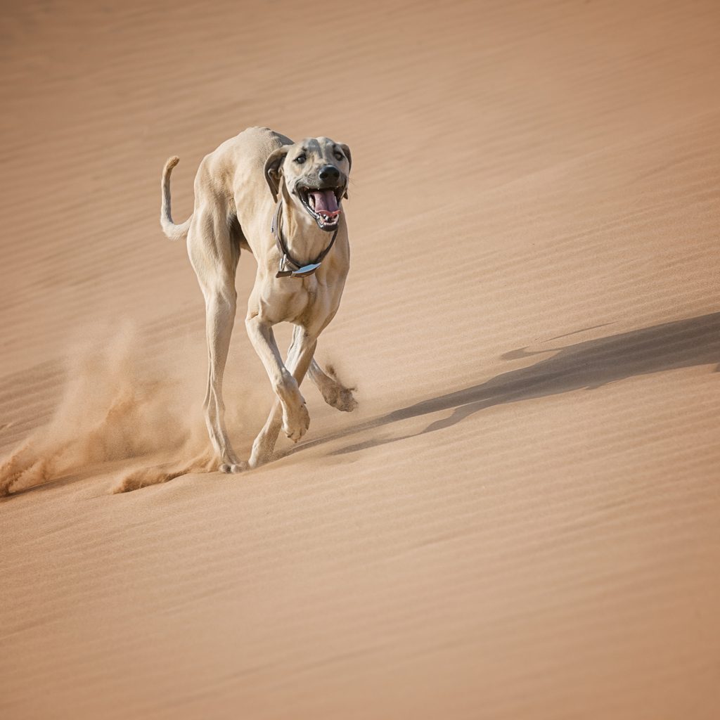 A Sloughi dog runs through sand dunes