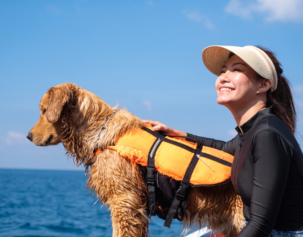 Golden retriever on a boat with a woman.