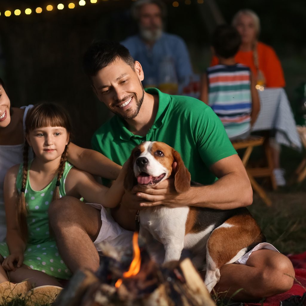 Family with their dog at night at a barbecue fire pit