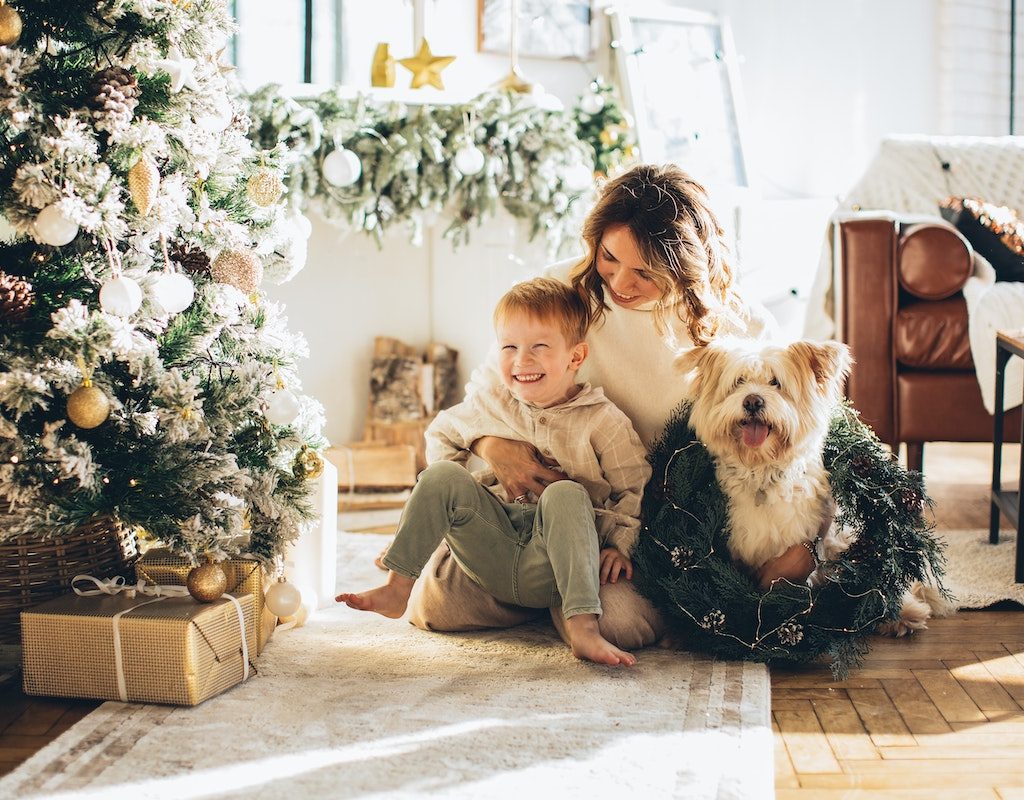 Dog wearing a wreath sits with his owners next to a Christmas tree