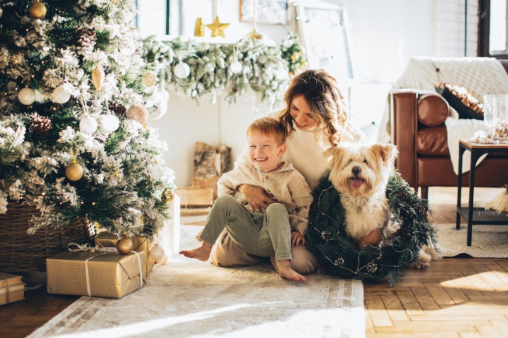 Dog wearing a wreath sits with his owners next to a Christmas tree