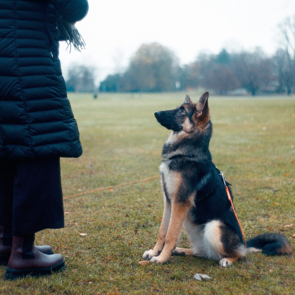 A German shepherd's side profile as they sit in the grass in front of their owner in a long coat