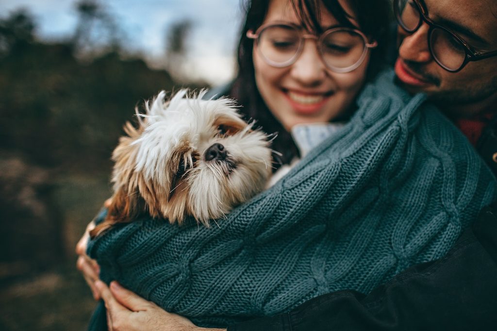 A couple holding a Shih Tzu dog