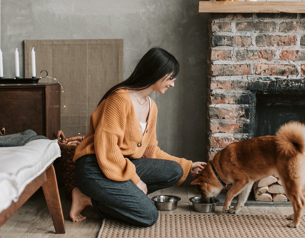 Woman in orange cardigan feeding dog by fireplace