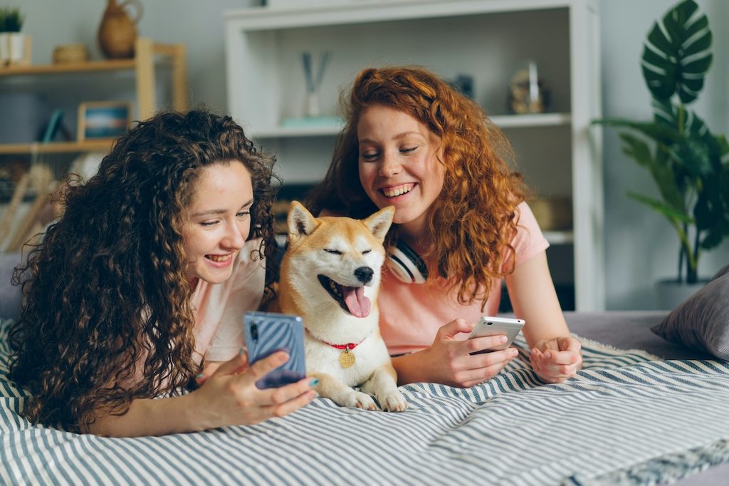 girls taking a selfie with a dog on the bed