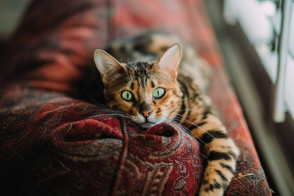 A toyger cat lies on a rug