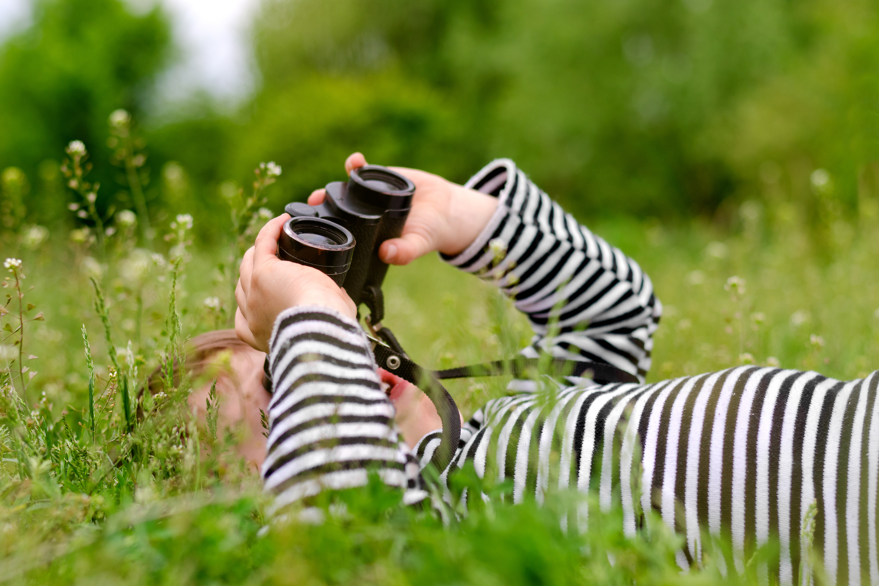 Kid watches birds through binoculars in the grass