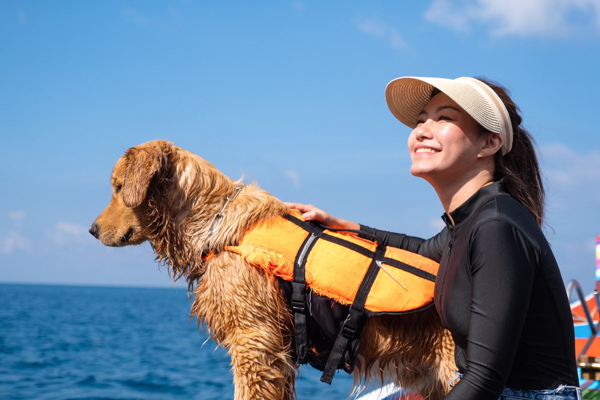 Golden retriever on a boat with a woman.