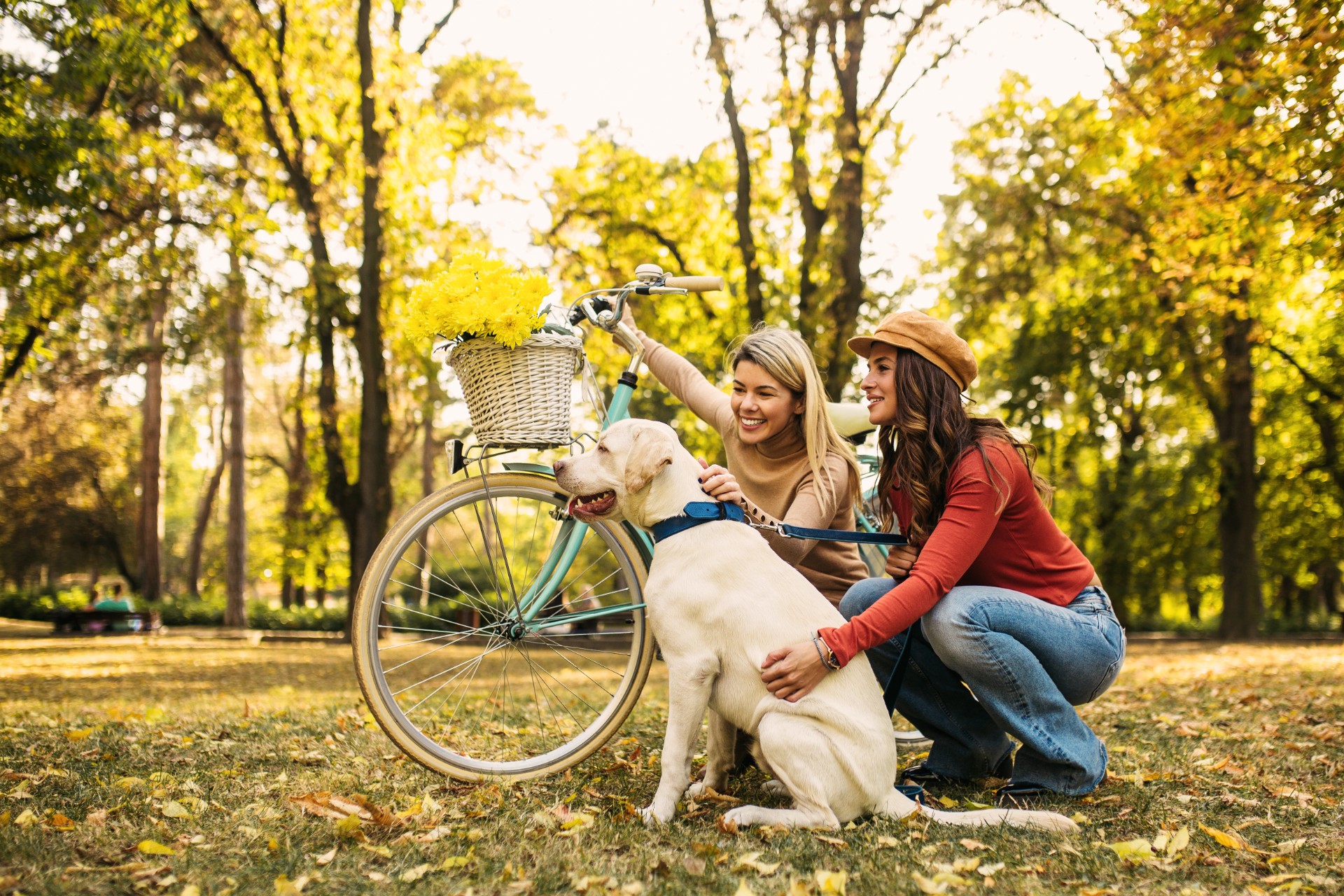 Two women in a park with bike and dog
