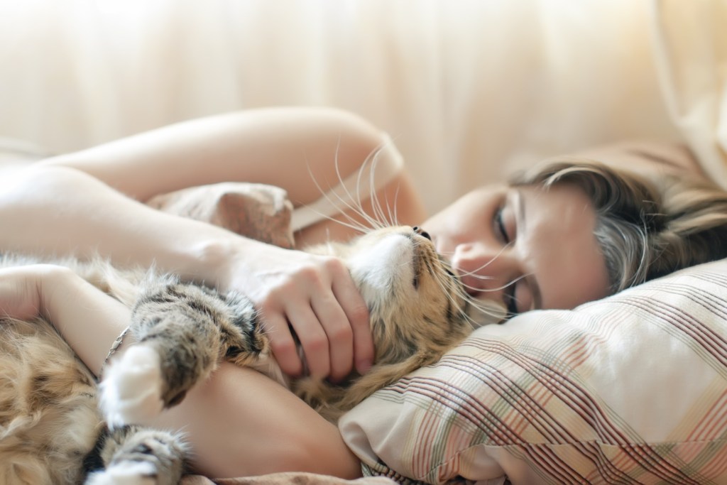 Woman holding cat while both are asleep