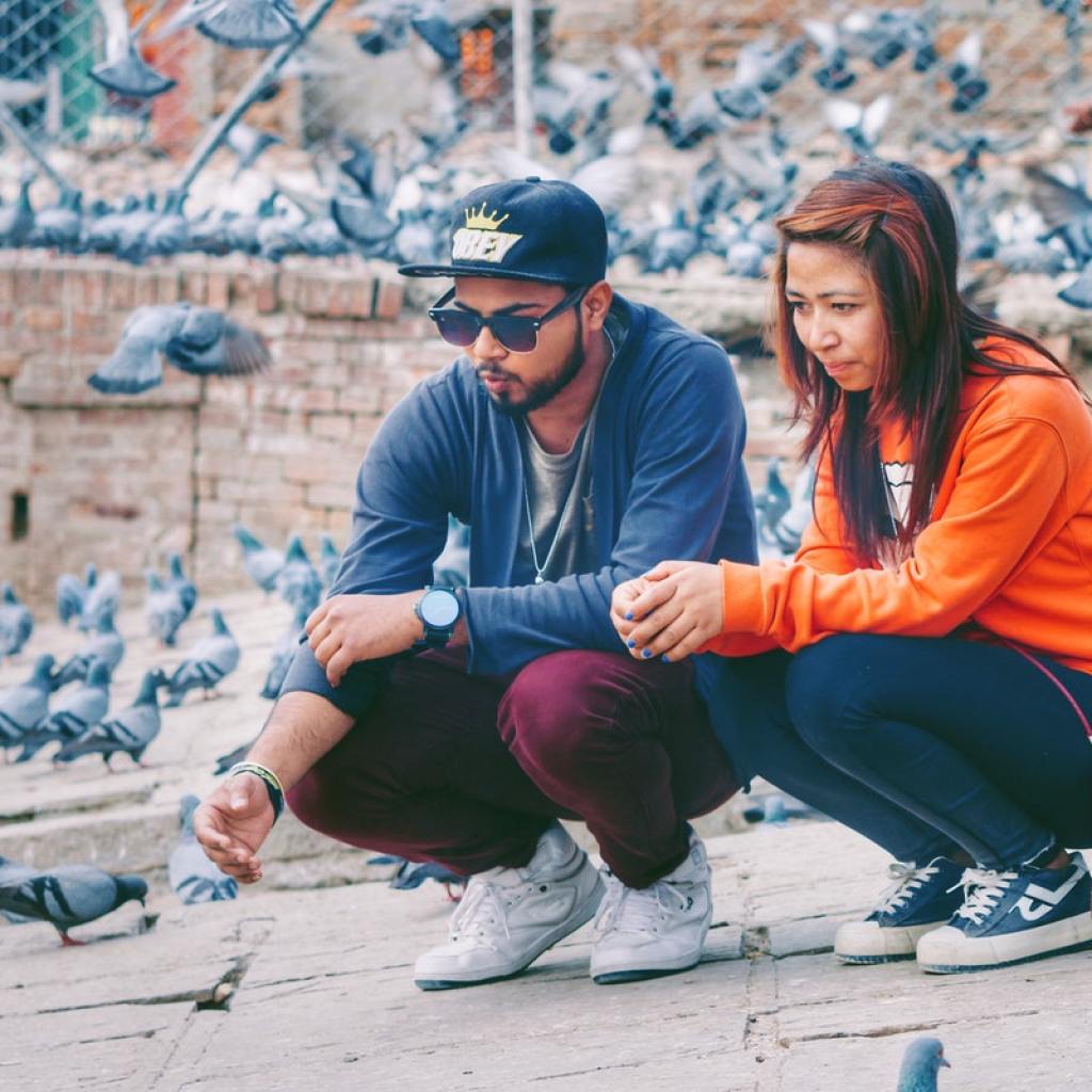 Man in navy hoodie and woman in orange hoodie crouching with pigeons.