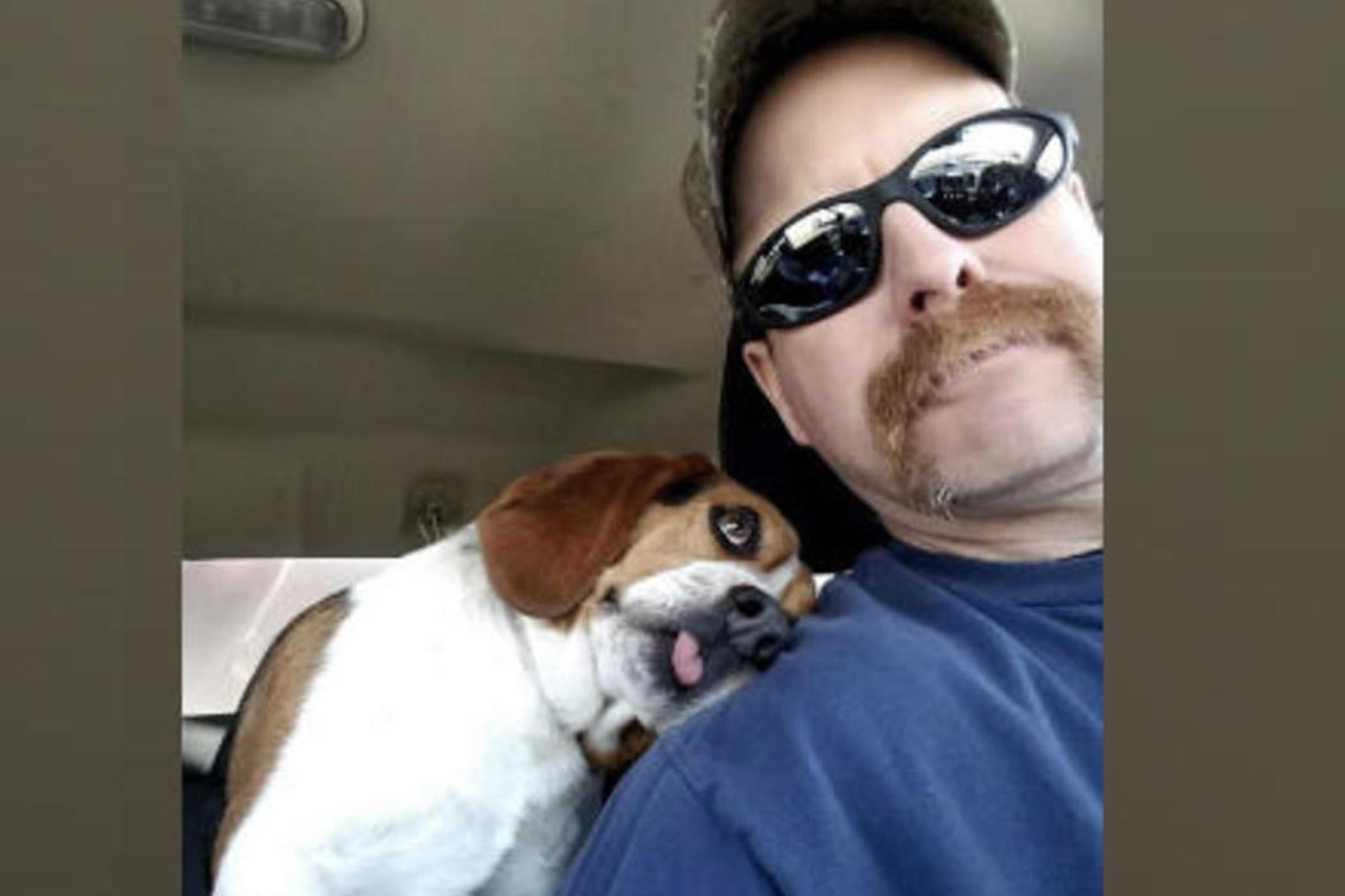 Gregory the beagle leans on Joe Kirk's shoulder and sticks his tongue out while looking lovingly up at Kirk