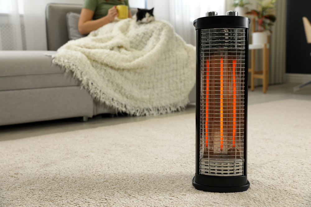 A space heater in front of a woman cuddling a black and white cat on the sofa.