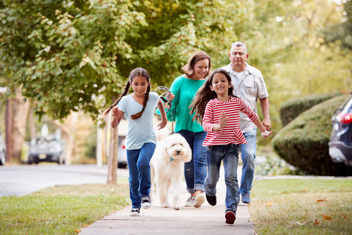 Parents and children walking dog.