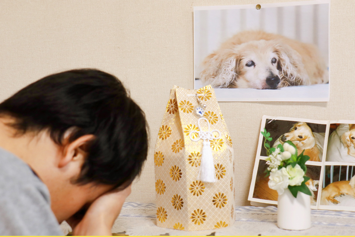 Man crying at pet memorial.