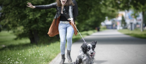Dog on leash pulling woman