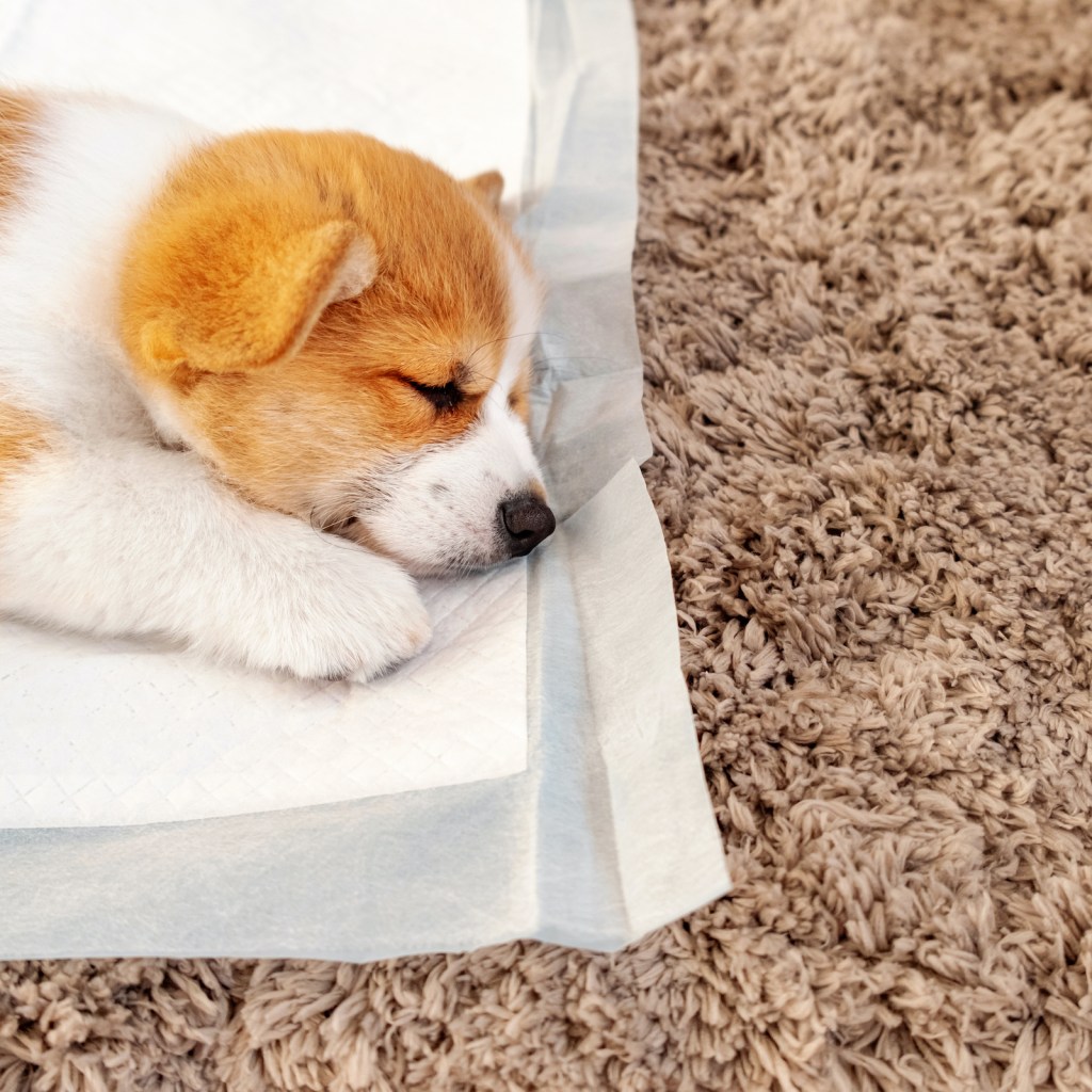 A Corgi puppy sleeps on the corner of a potty pad
