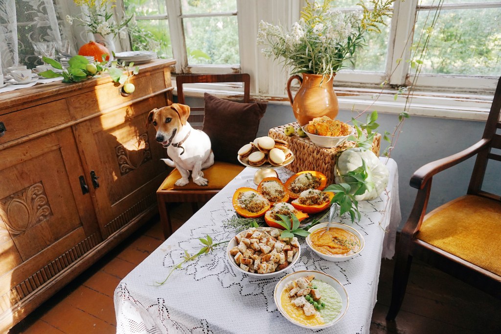 A dog sits on a chair next to a dining room set for Thanksgiving