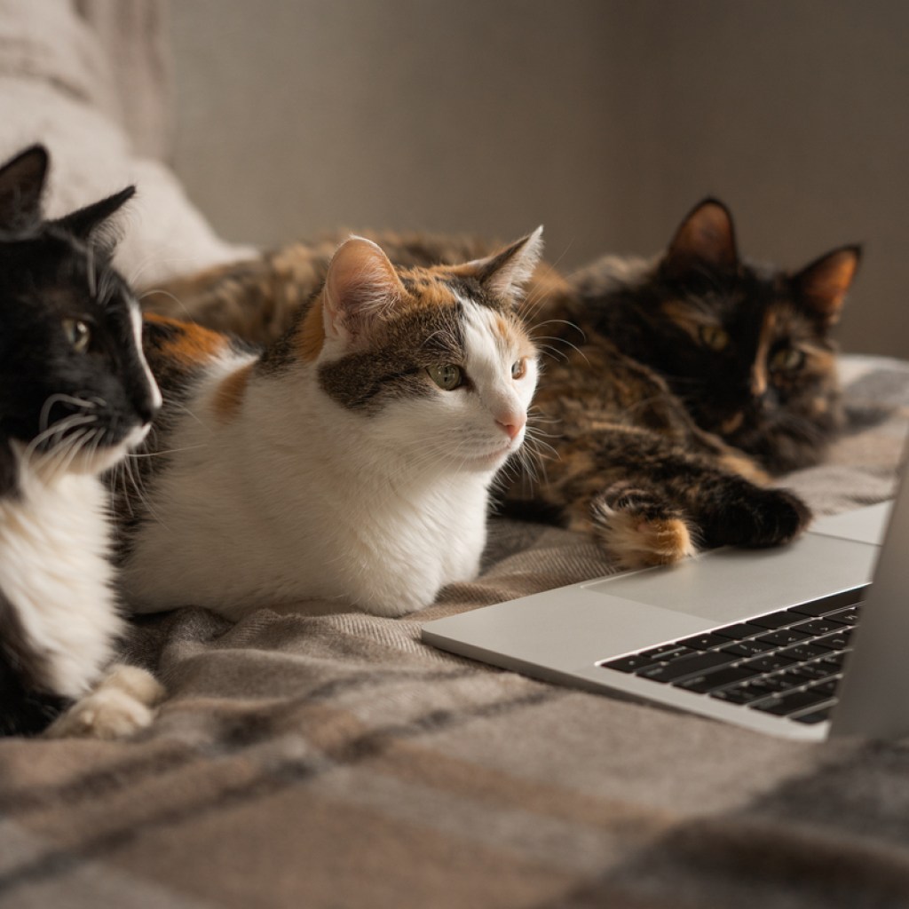 Three cats lying on a bed, looking at a laptop screen